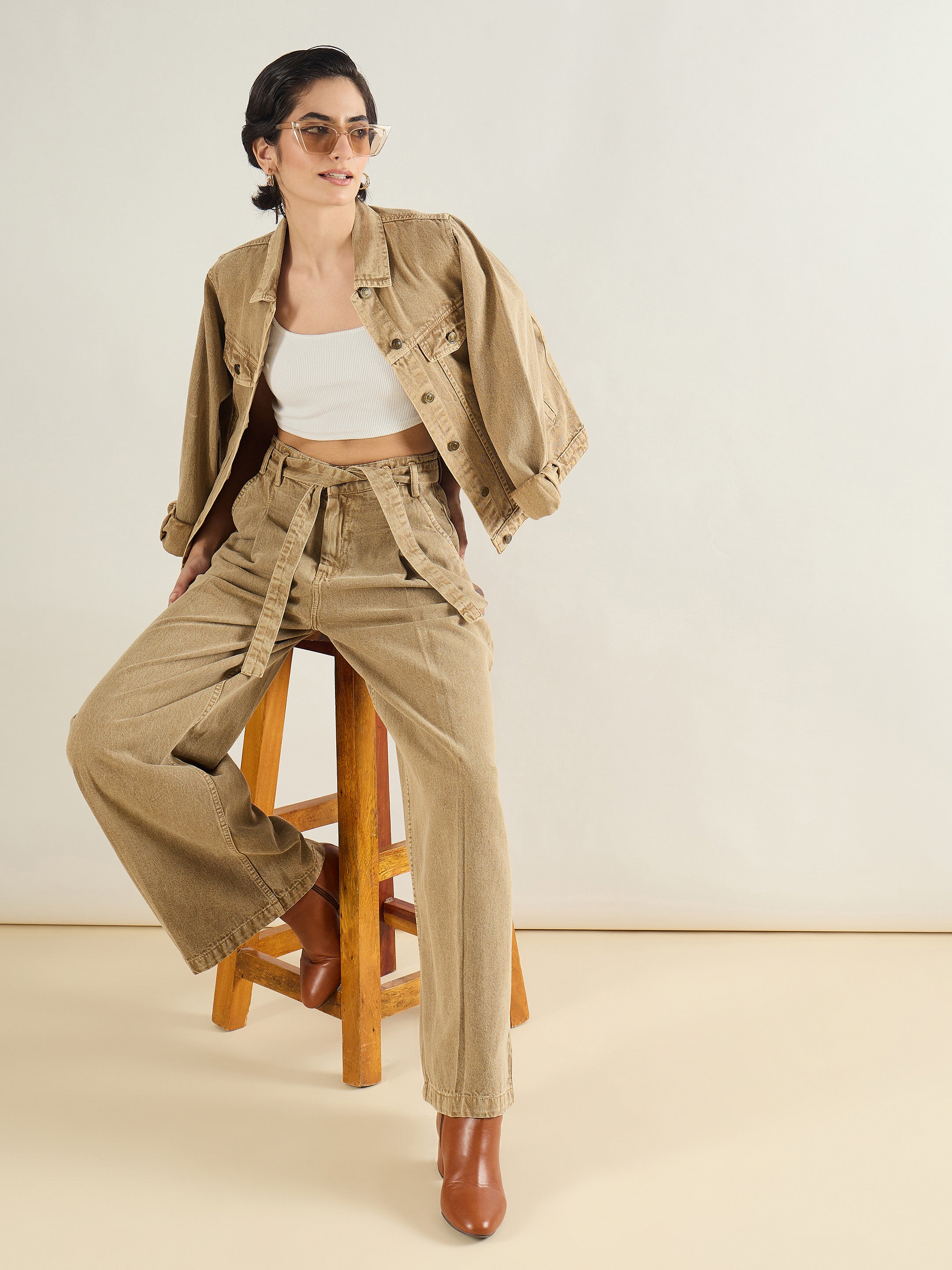 Women Beige Wide Leg Belted Denim Jeans-SFJEAN0832