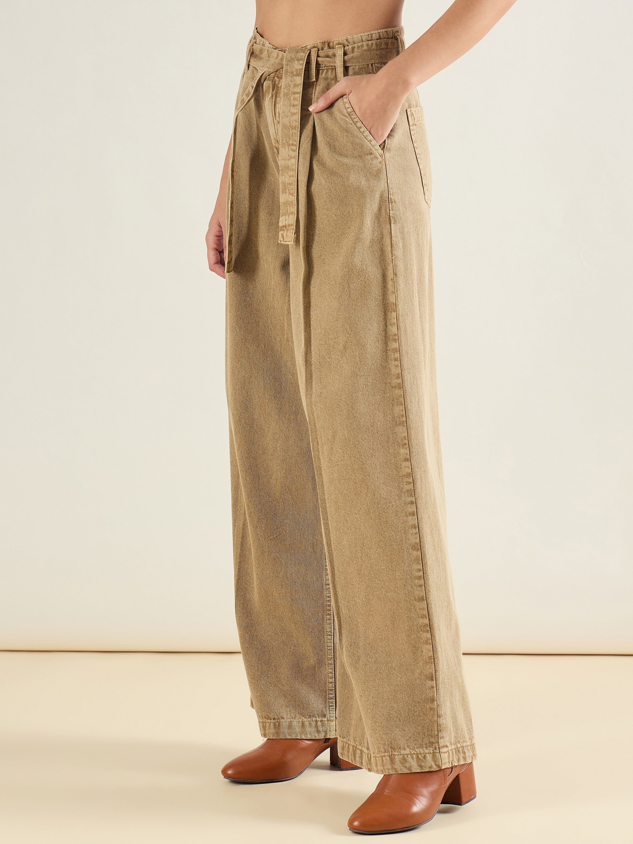 Women Beige Wide Leg Belted Denim Jeans-SFJEAN0832