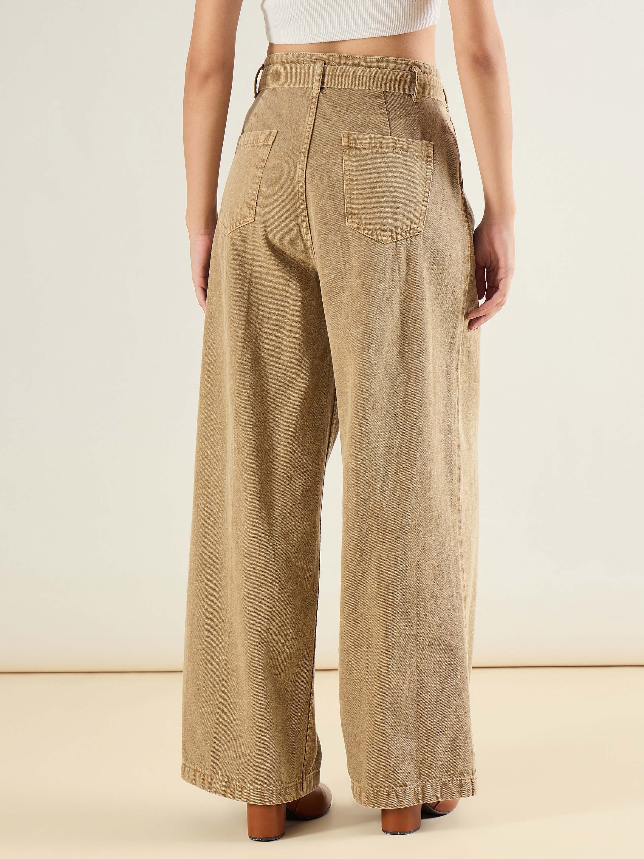 Women Beige Wide Leg Belted Denim Jeans-SFJEAN0832