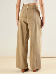 Women Beige Wide Leg Belted Denim Jeans-SFJEAN0832