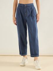 Women Blue Wash Roll Up Hem Barrel Jeans-SFJEAN0833