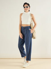 Women Blue Wash Roll Up Hem Barrel Jeans-SFJEAN0833