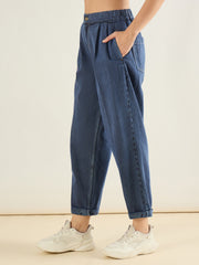 Women Blue Wash Roll Up Hem Barrel Jeans-SFJEAN0833
