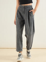Women Grey Wash Roll Up Hem Barrel Jeans-SFJEAN0834
