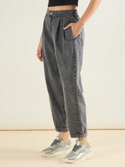 Women Grey Wash Roll Up Hem Barrel Jeans-SFJEAN0834