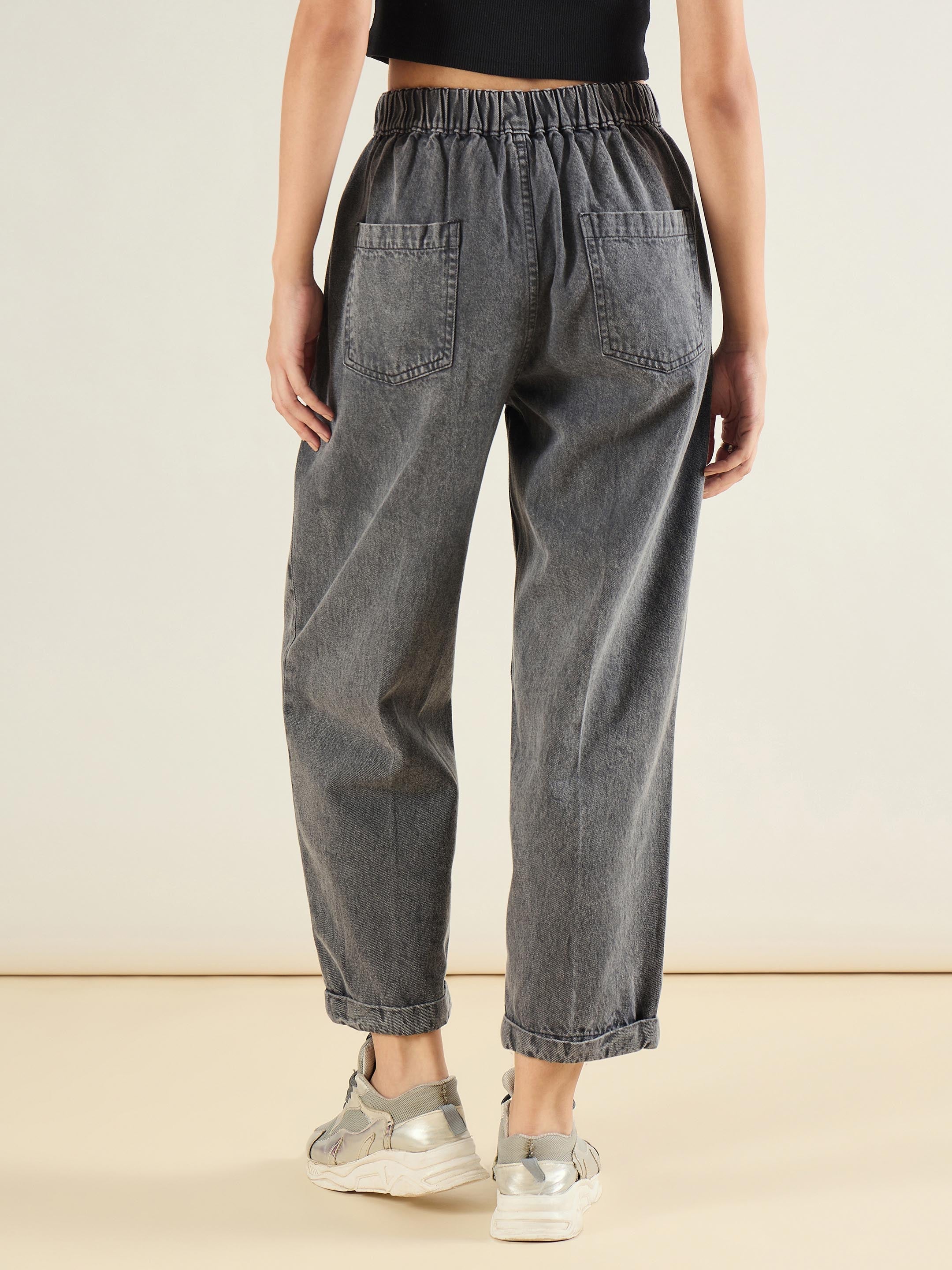 Women Grey Wash Roll Up Hem Barrel Jeans-SFJEAN0834