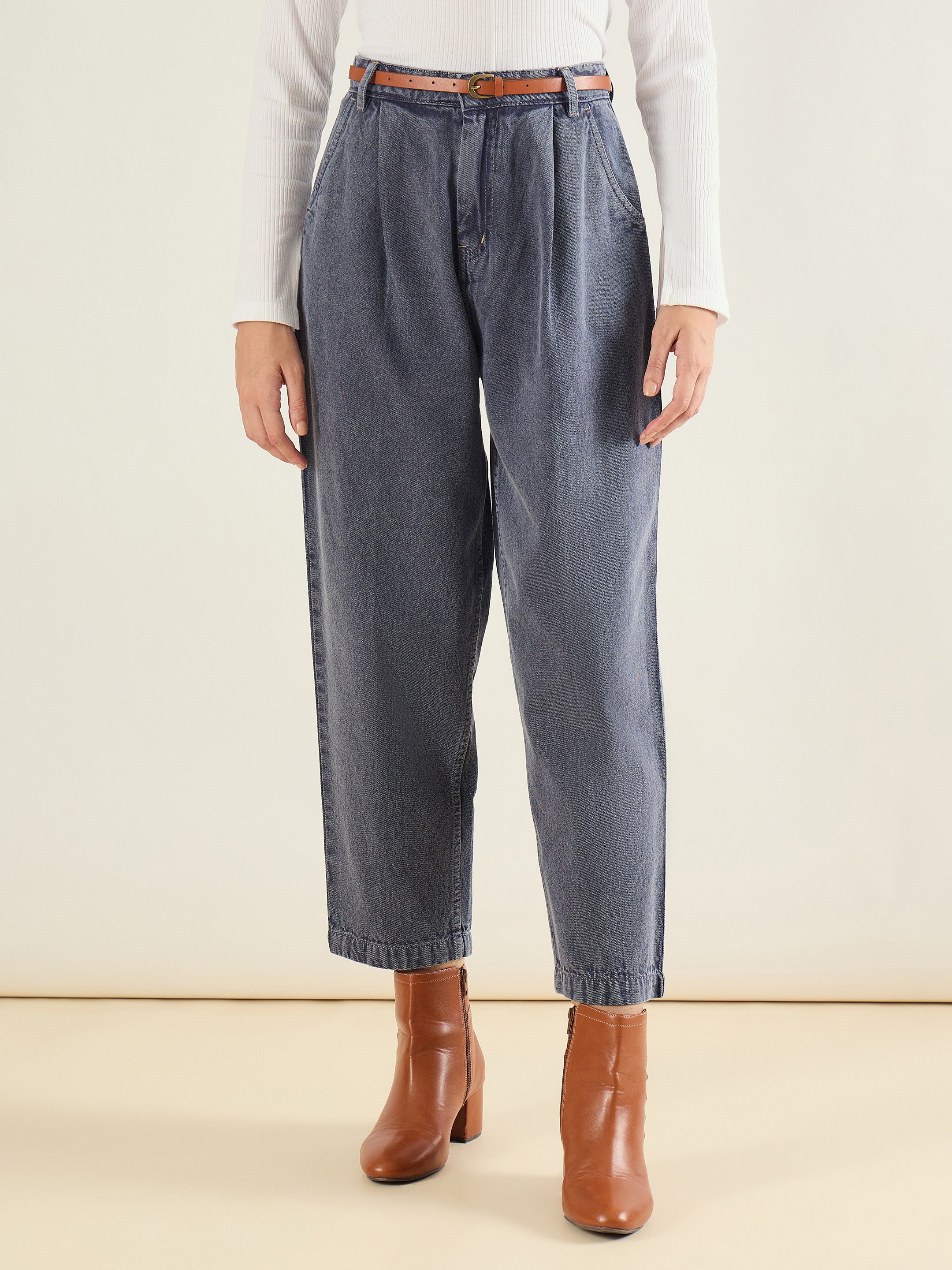 Women Blue Wash PU Belted Barrel Jeans-SFJEAN0835