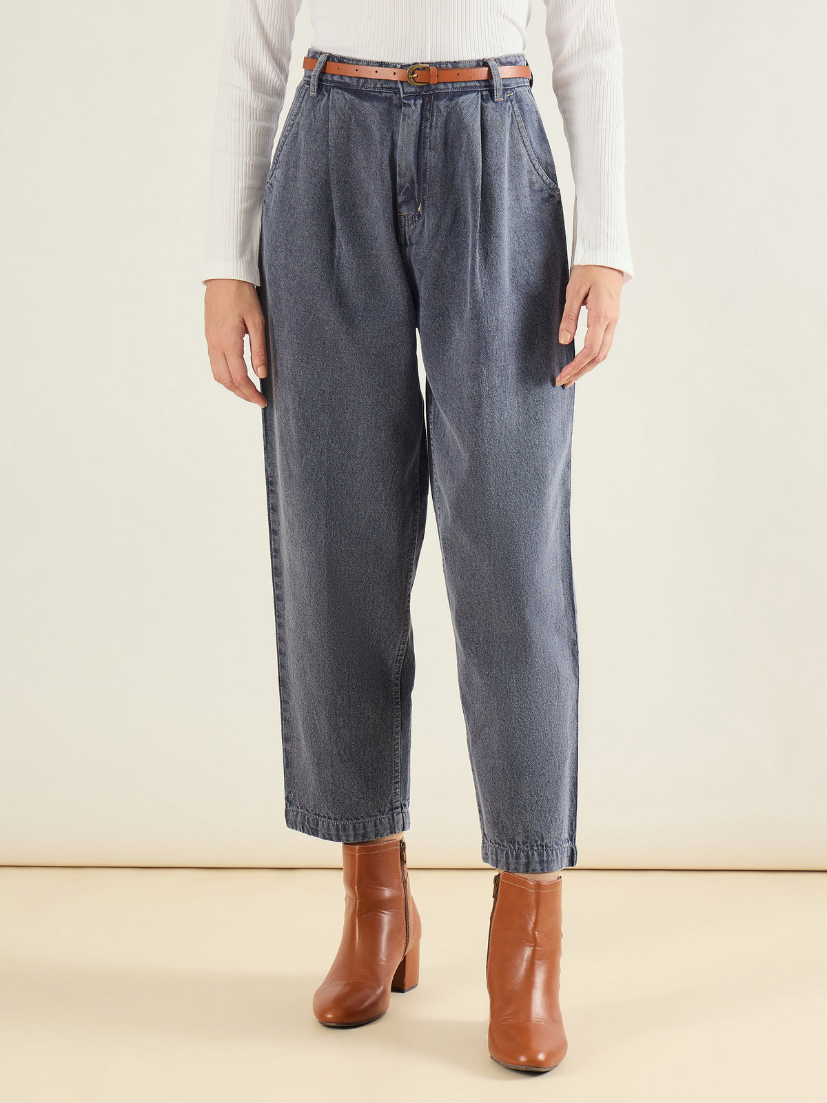 Women Blue Wash PU Belted Barrel Jeans-SFJEAN0835