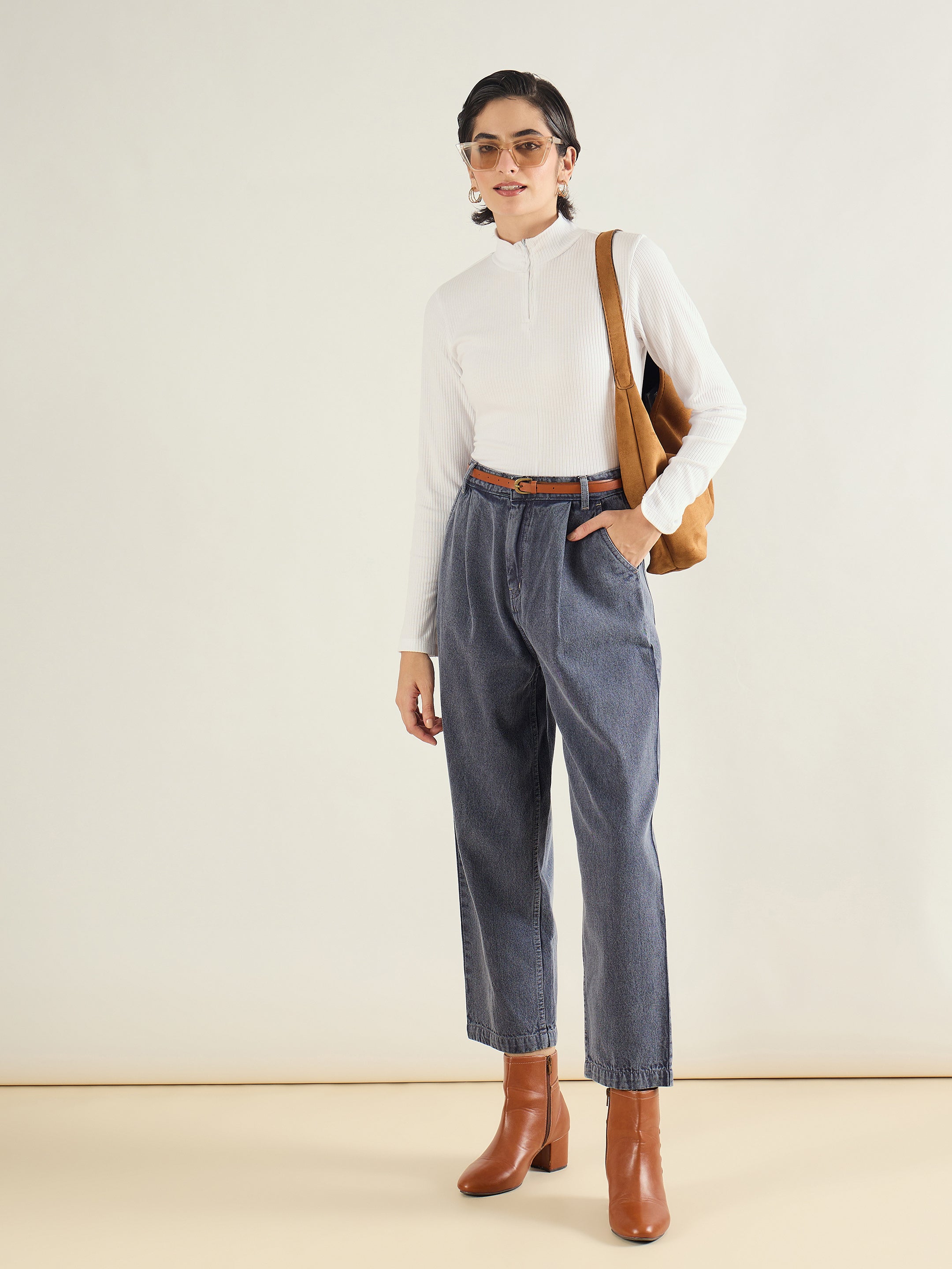 Women Blue Wash PU Belted Barrel Jeans-SFJEAN0835