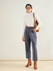 Women Blue Wash PU Belted Barrel Jeans-SFJEAN0835