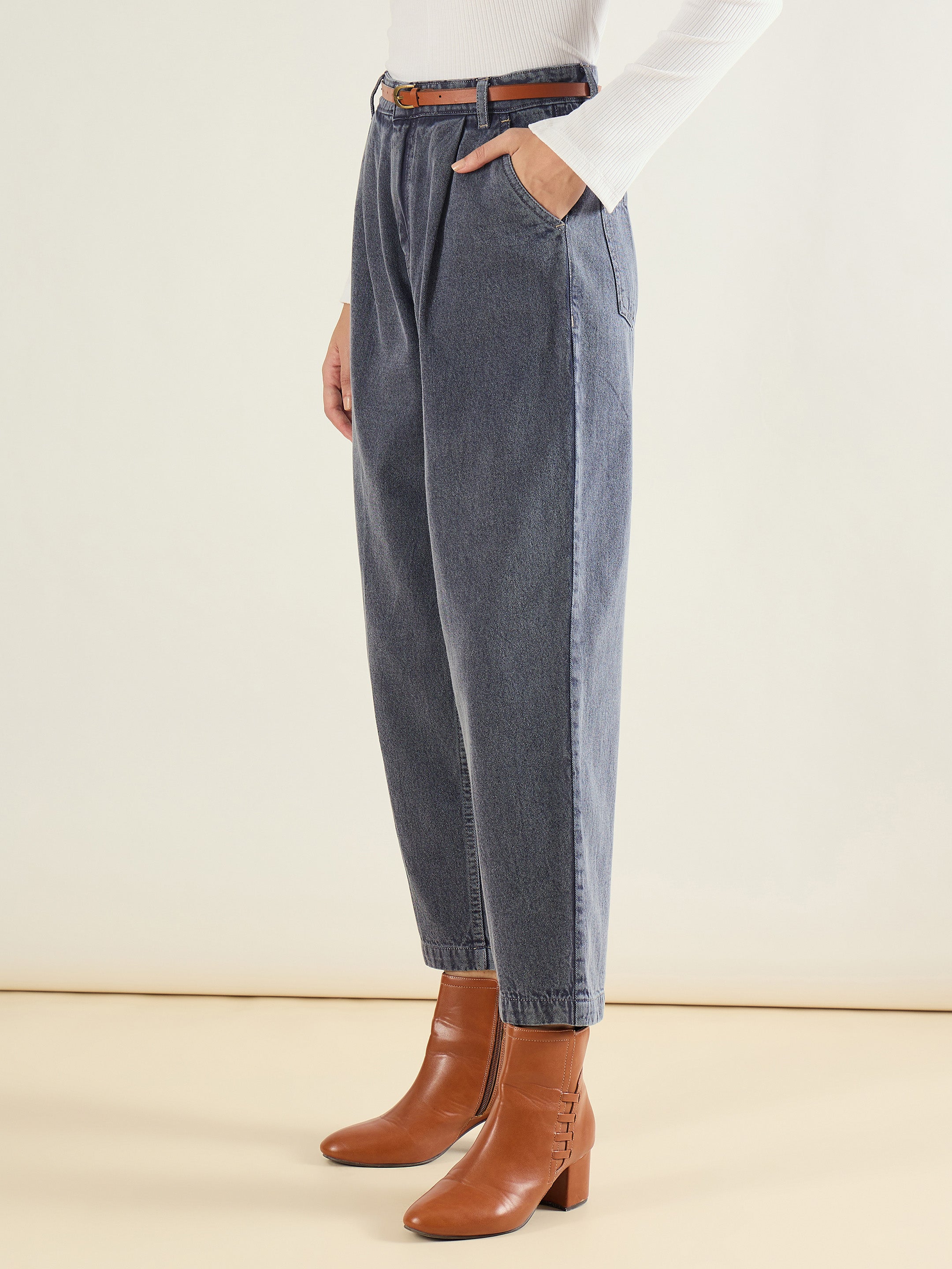 Women Blue Wash PU Belted Barrel Jeans-SFJEAN0835