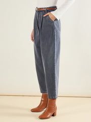 Women Blue Wash PU Belted Barrel Jeans-SFJEAN0835