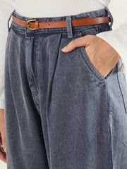 Women Blue Wash PU Belted Barrel Jeans-SFJEAN0835