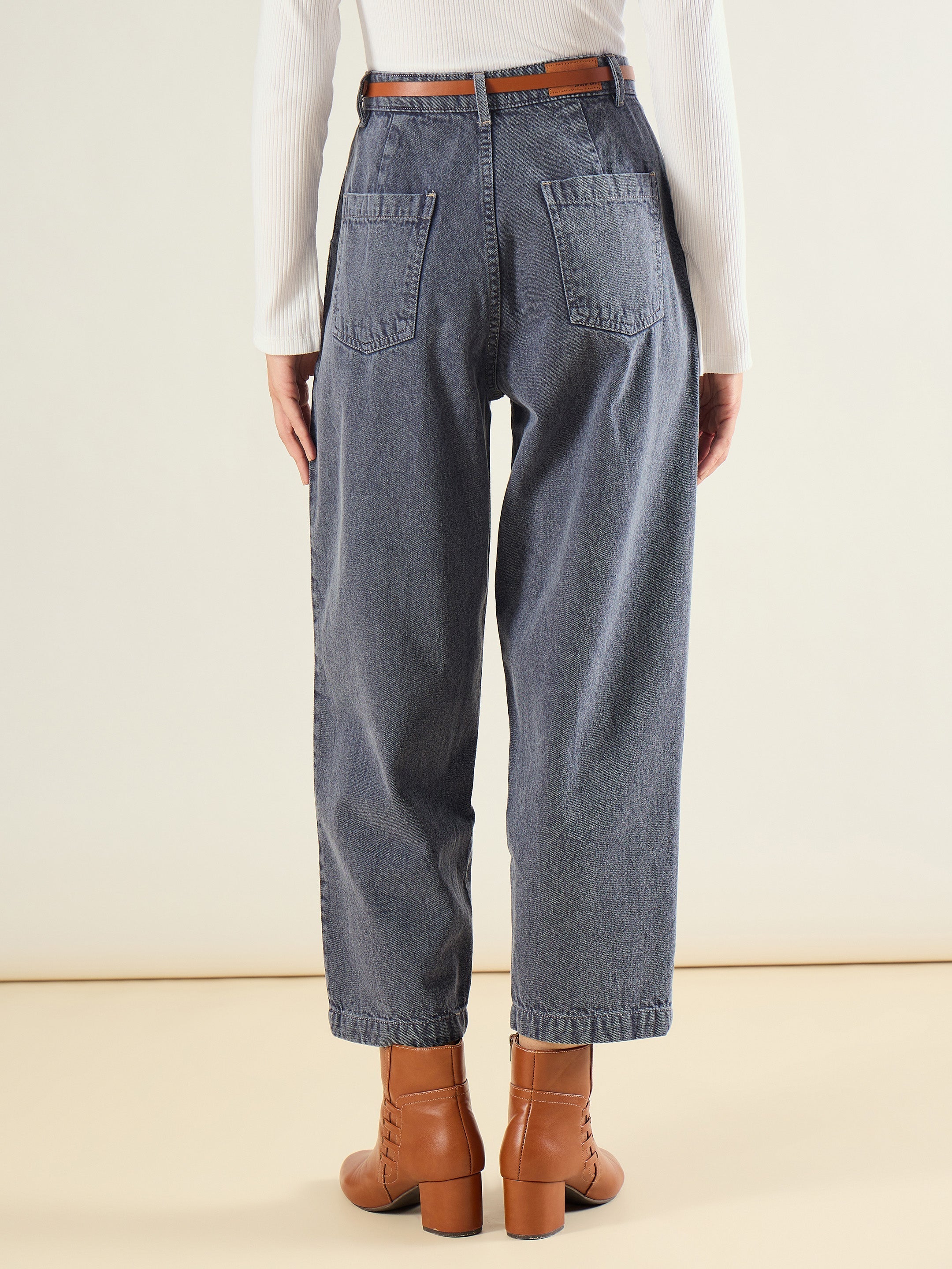 Women Blue Wash PU Belted Barrel Jeans-SFJEAN0835