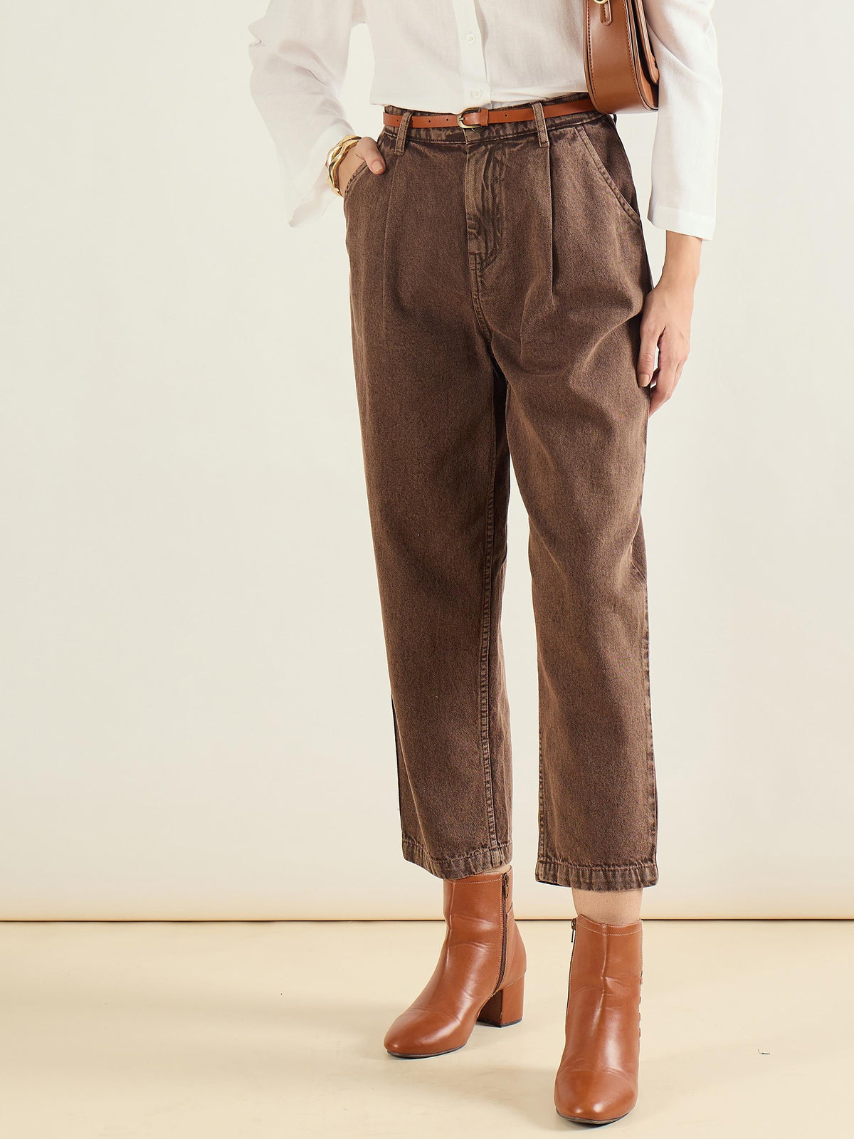 Women Brown PU Belted Barrel Jeans-SFJEAN0836