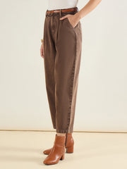Women Brown PU Belted Barrel Jeans-SFJEAN0836
