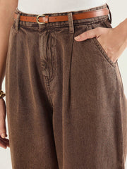 Women Brown PU Belted Barrel Jeans-SFJEAN0836
