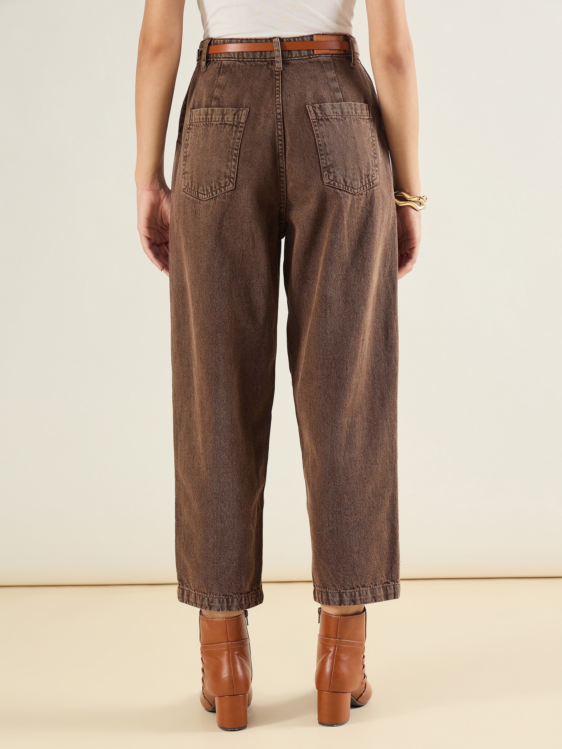 Women Brown PU Belted Barrel Jeans-SFJEAN0836