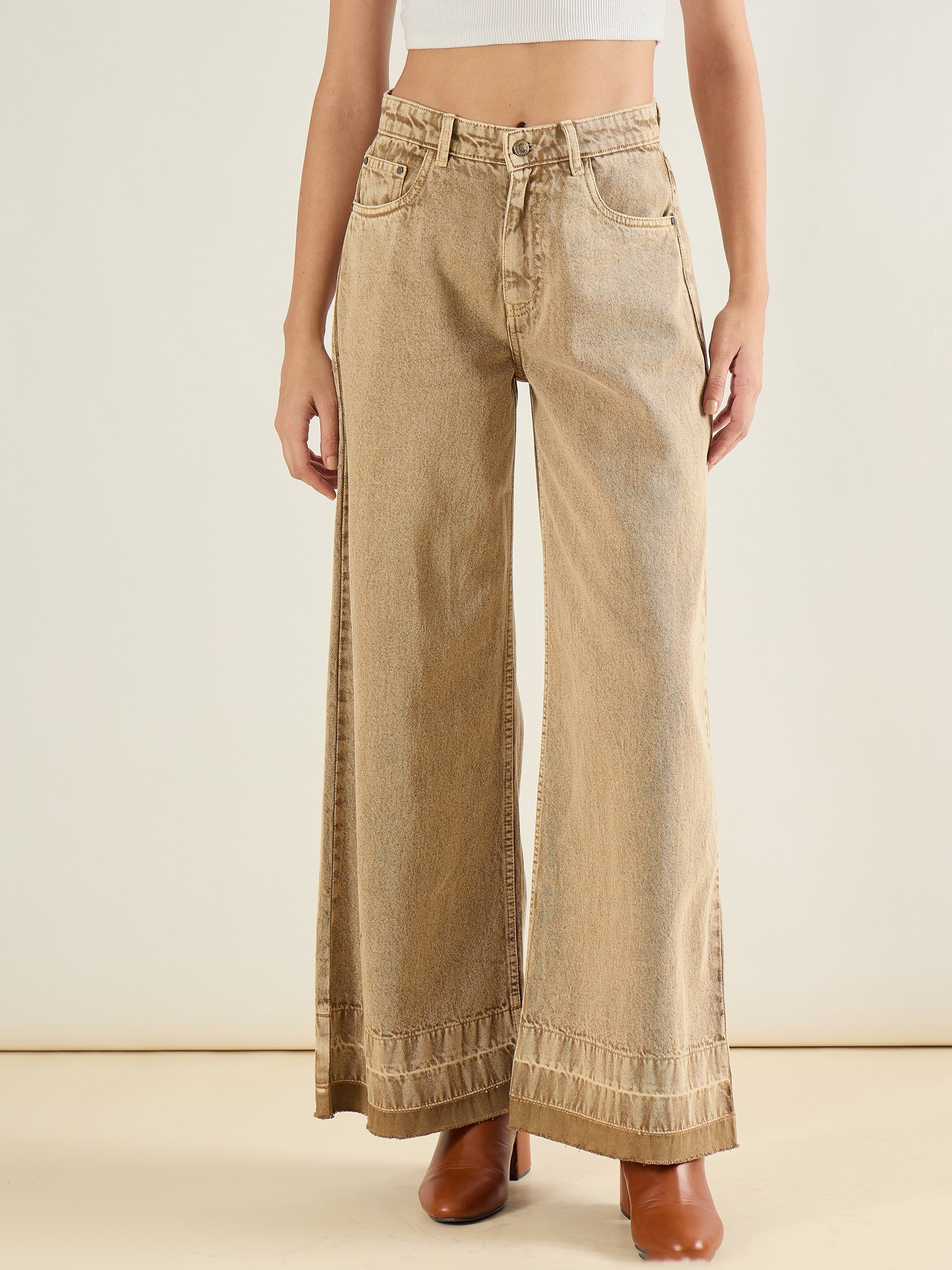 Women Beige Washed Hem Detail Low Waist Wide Leg Jeans-SFJEAN0840
