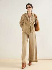 Women Beige Washed Hem Detail Low Waist Wide Leg Jeans-SFJEAN0840