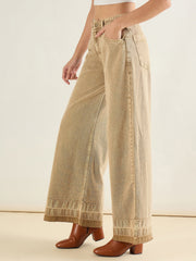 Women Beige Washed Hem Detail Low Waist Wide Leg Jeans-SFJEAN0840