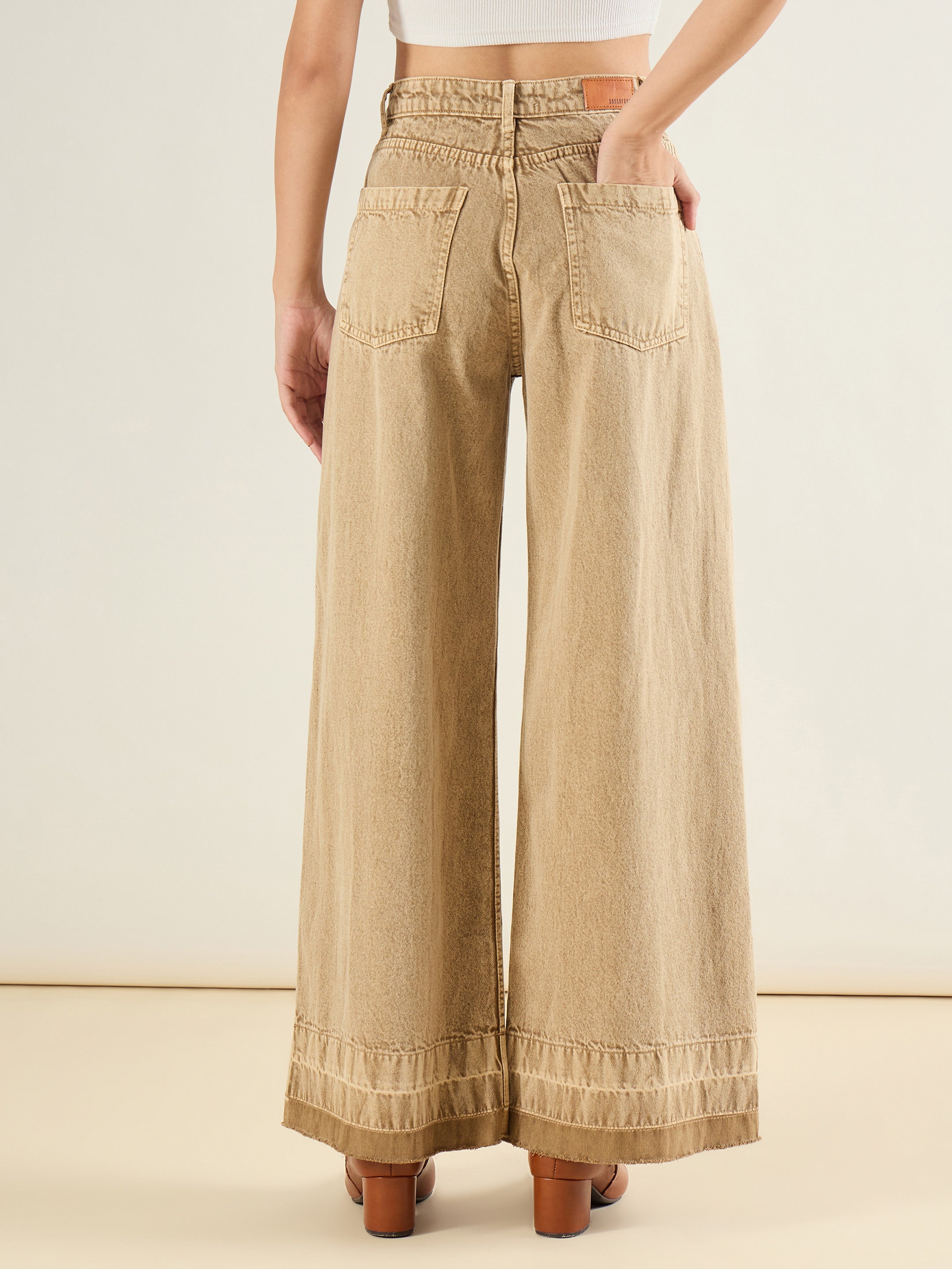 Women Beige Washed Hem Detail Low Waist Wide Leg Jeans-SFJEAN0840