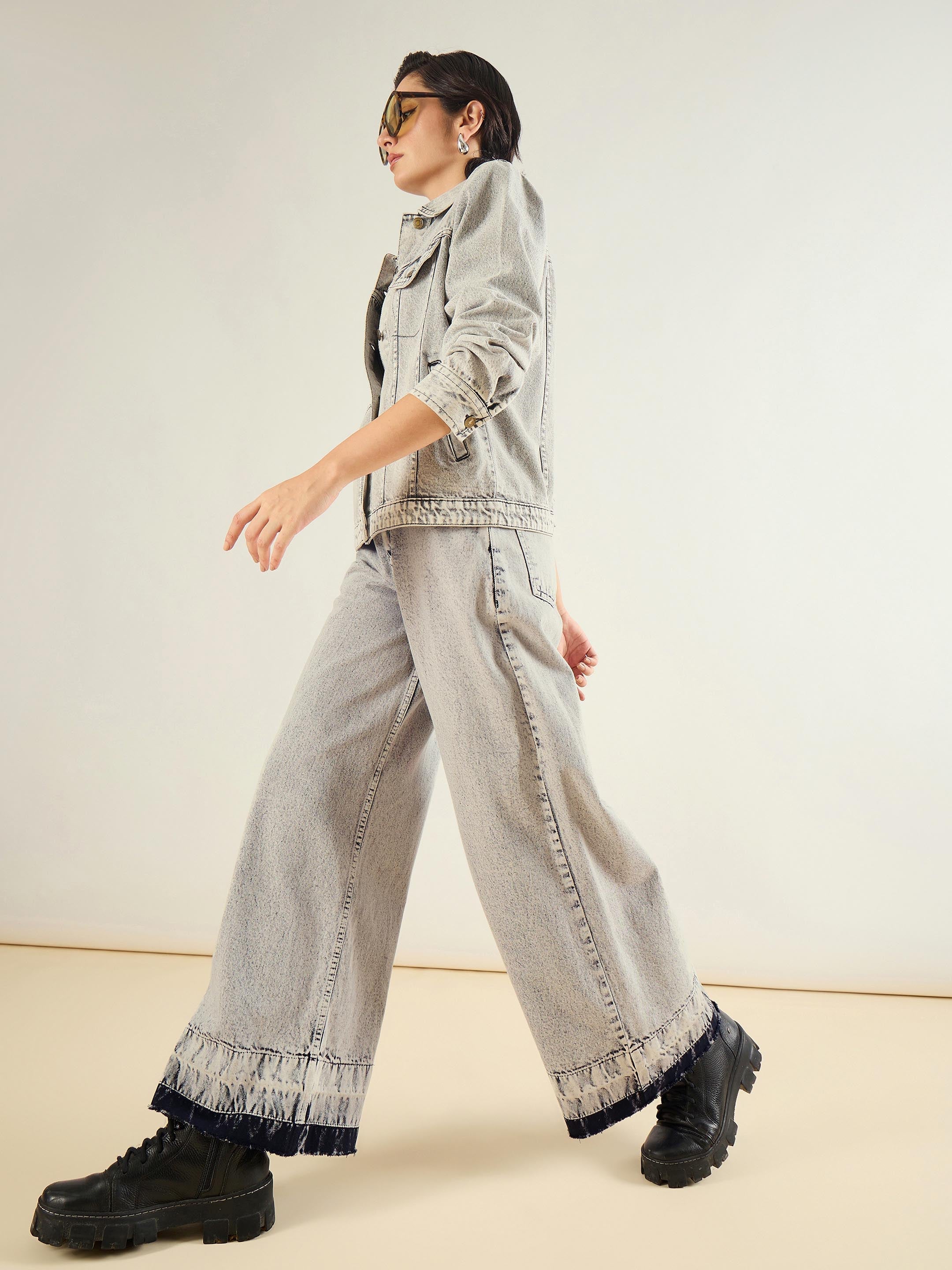 Women Grey Washed Hem Detai Low Waist Wide Leg Jeans-SFJEAN0841