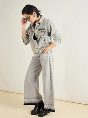 Women Grey Washed Hem Detai Low Waist Wide Leg Jeans-SFJEAN0841