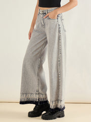 Women Grey Washed Hem Detai Low Waist Wide Leg Jeans-SFJEAN0841