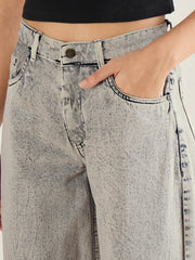 Women Grey Washed Hem Detai Low Waist Wide Leg Jeans-SFJEAN0841