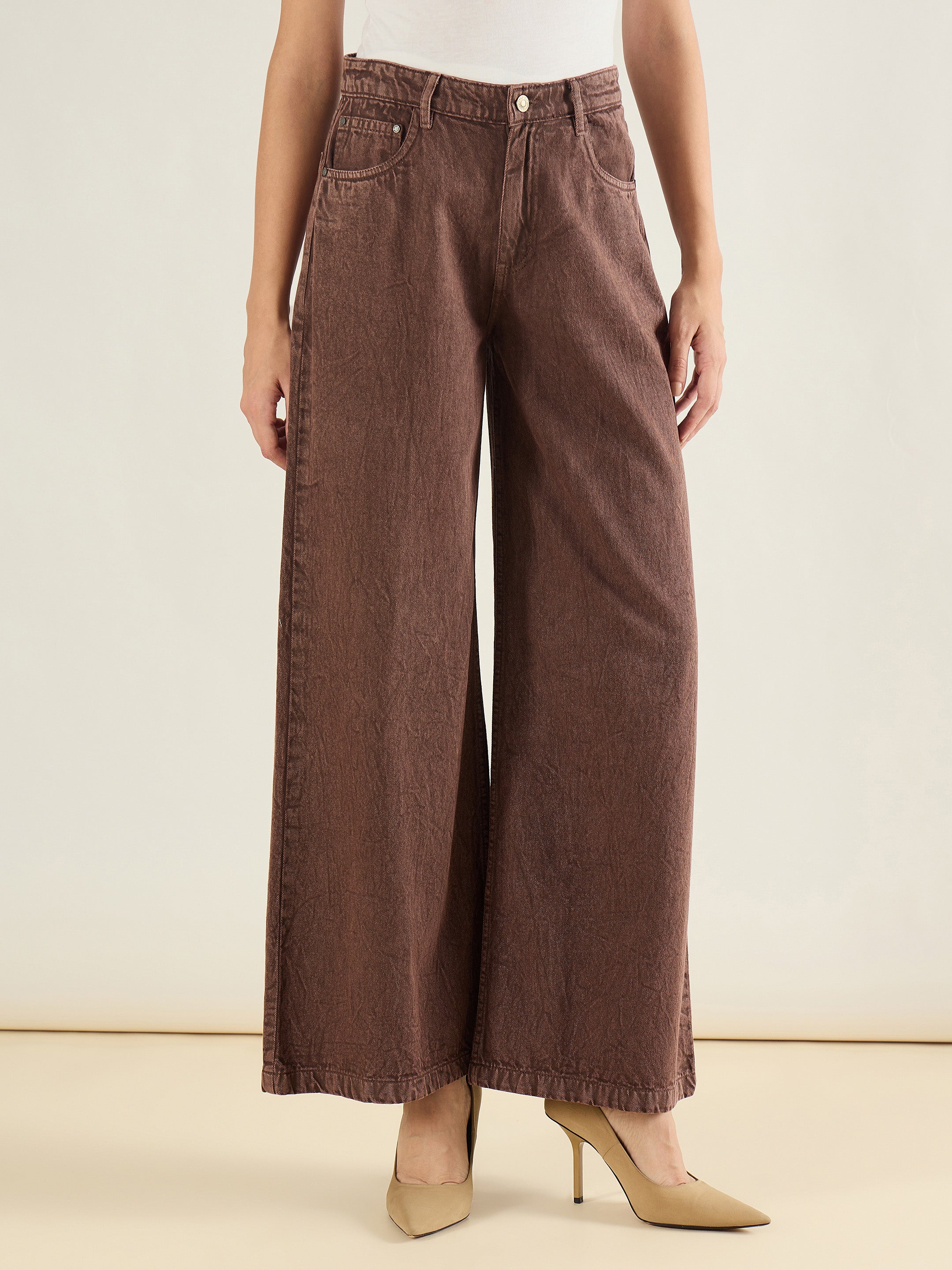 Women Brown Low Waist Wide Leg Baggy Jeans-SFJEAN0842