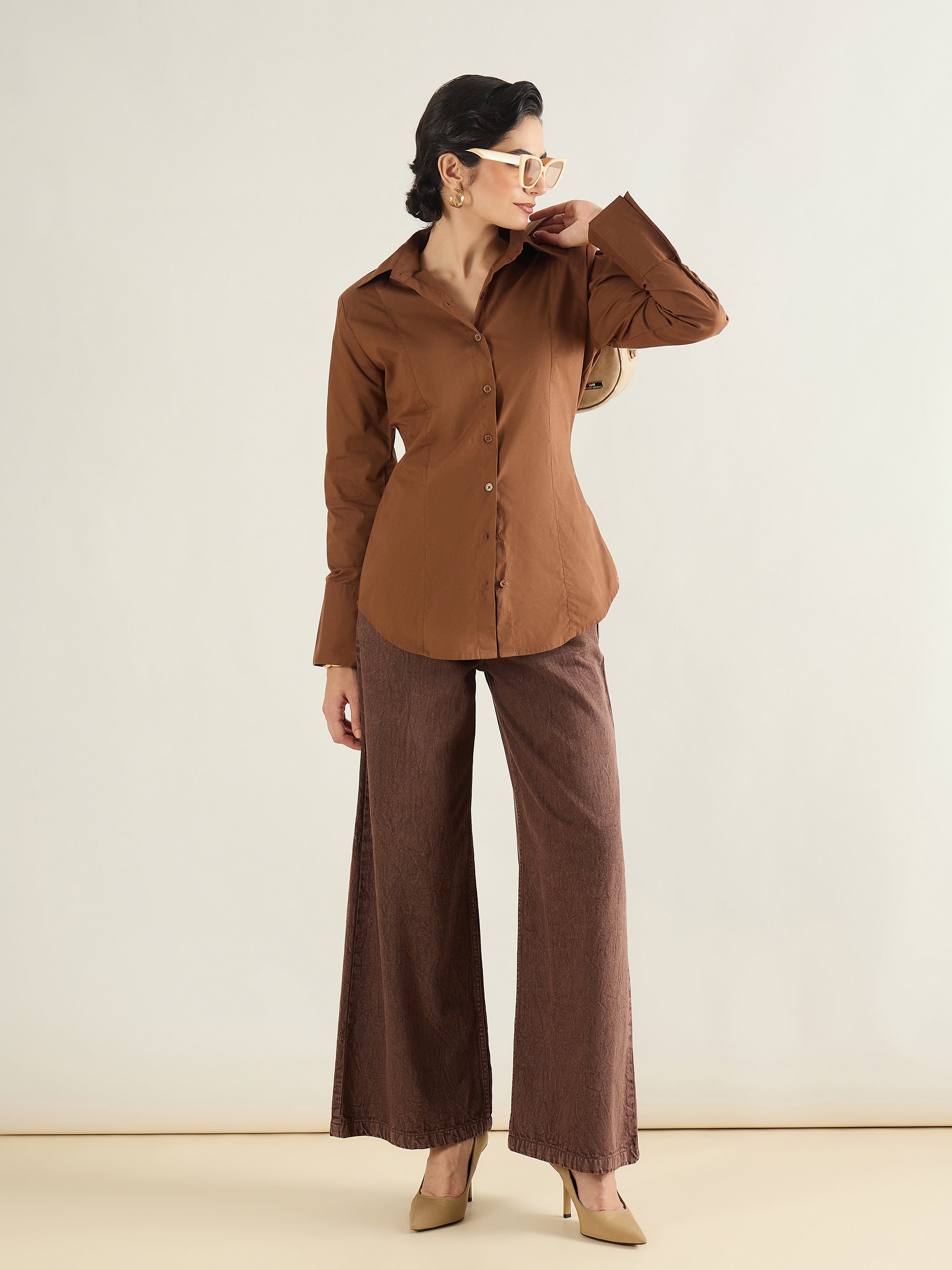 Women Brown Low Waist Wide Leg Baggy Jeans-SFJEAN0842