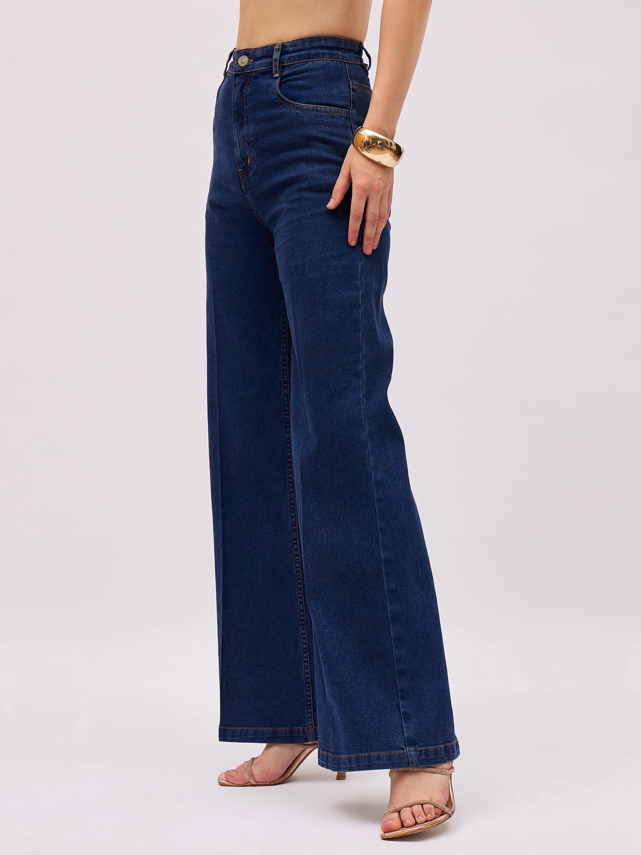 Women Navy Blue Denim Front Crease Straight Fit Jeans-SFJEAN0853