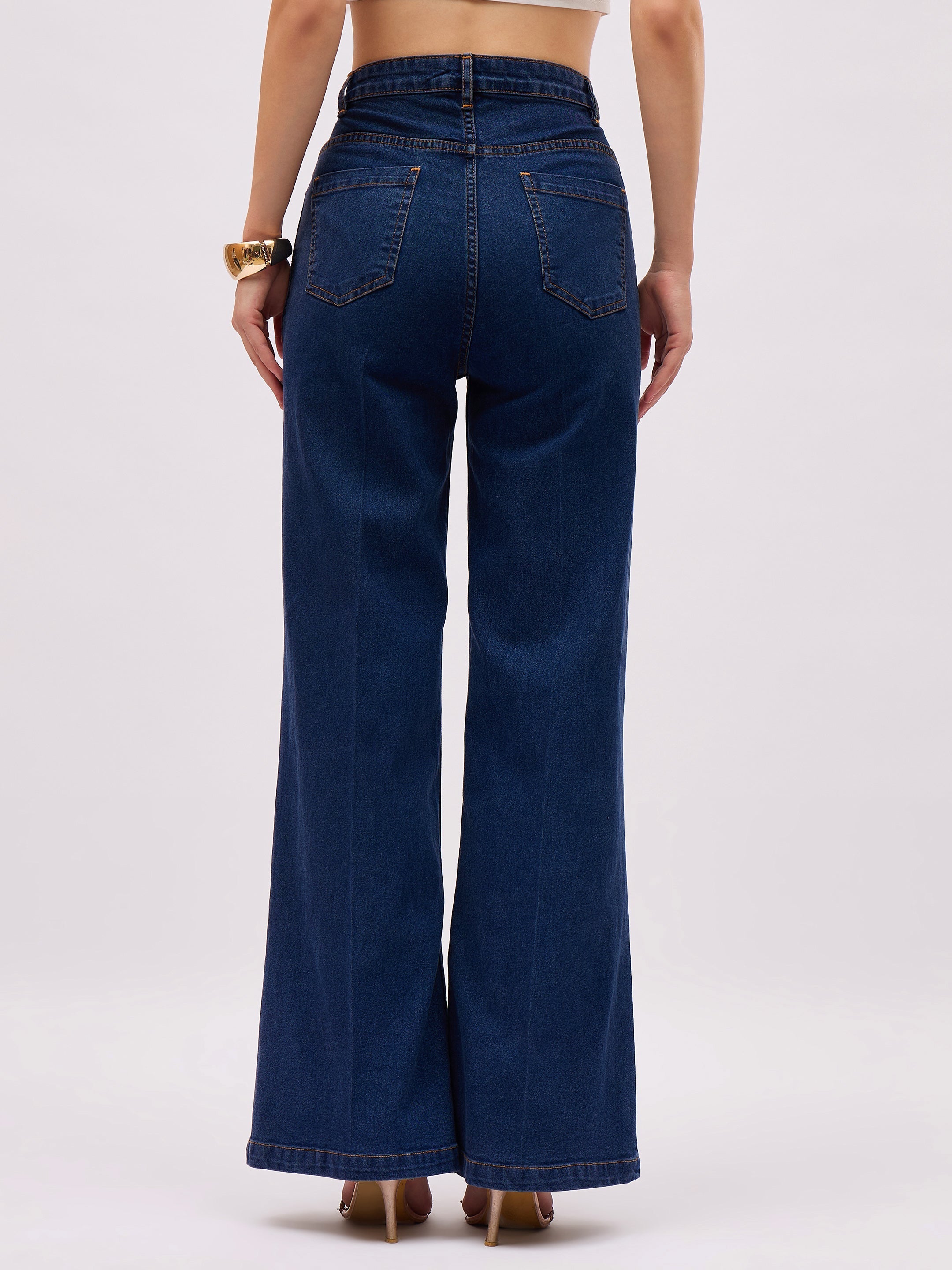 Women Navy Blue Denim Front Crease Straight Fit Jeans-SFJEAN0853