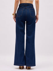 Women Navy Blue Denim Front Crease Straight Fit Jeans-SFJEAN0853