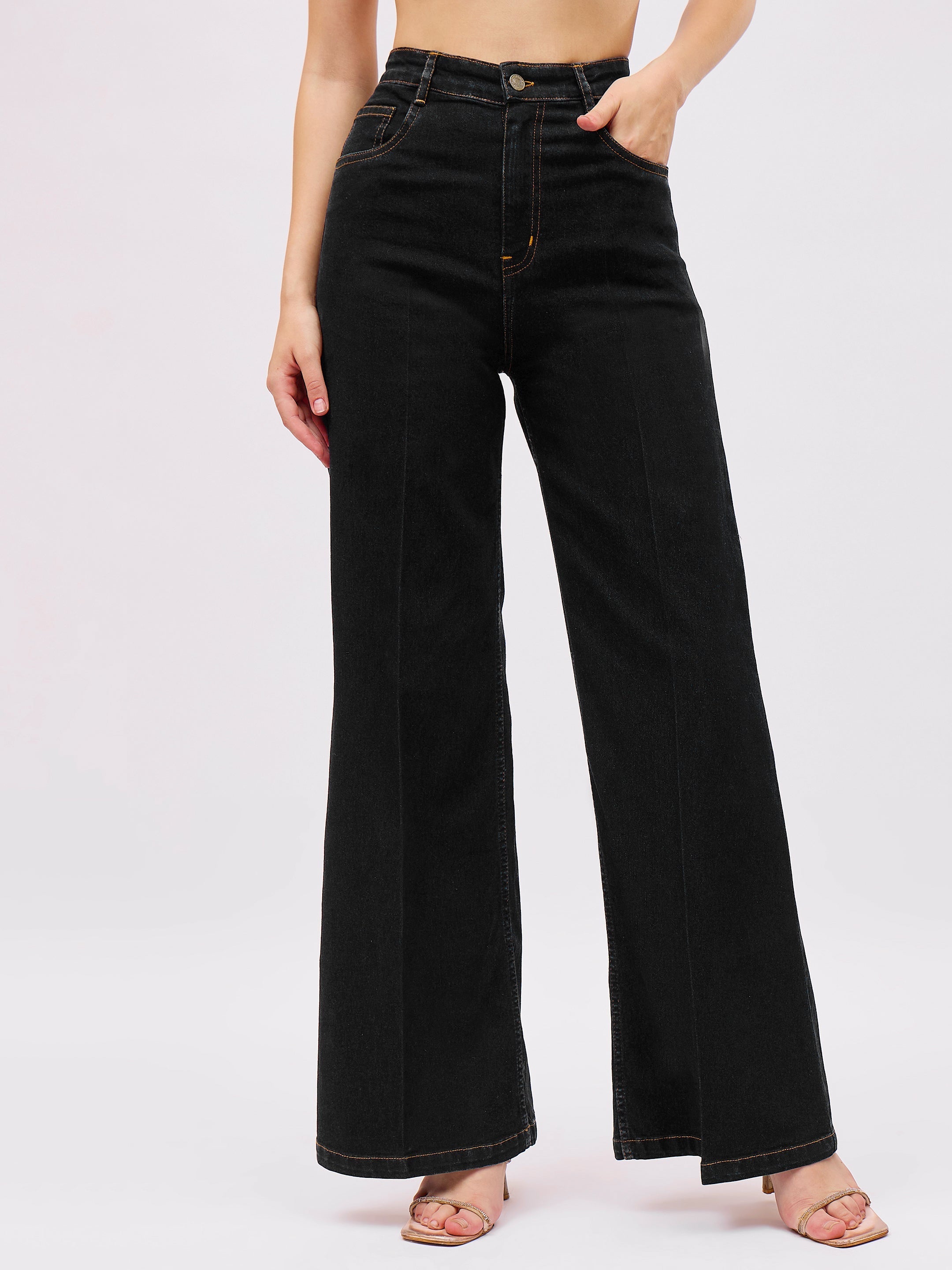 Women Jet Black Denim Front Crease Straight Fit Jeans-SFJEAN0854