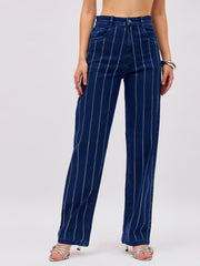 Women Navy Blue Denim Front Stud Straight Fit Jeans-SFJEAN0855