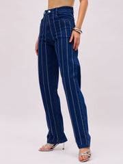 Women Navy Blue Denim Front Stud Straight Fit Jeans-SFJEAN0855