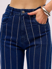 Women Navy Blue Denim Front Stud Straight Fit Jeans-SFJEAN0855