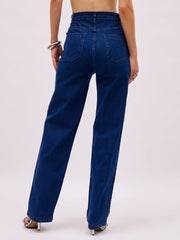Women Navy Blue Denim Front Stud Straight Fit Jeans-SFJEAN0855