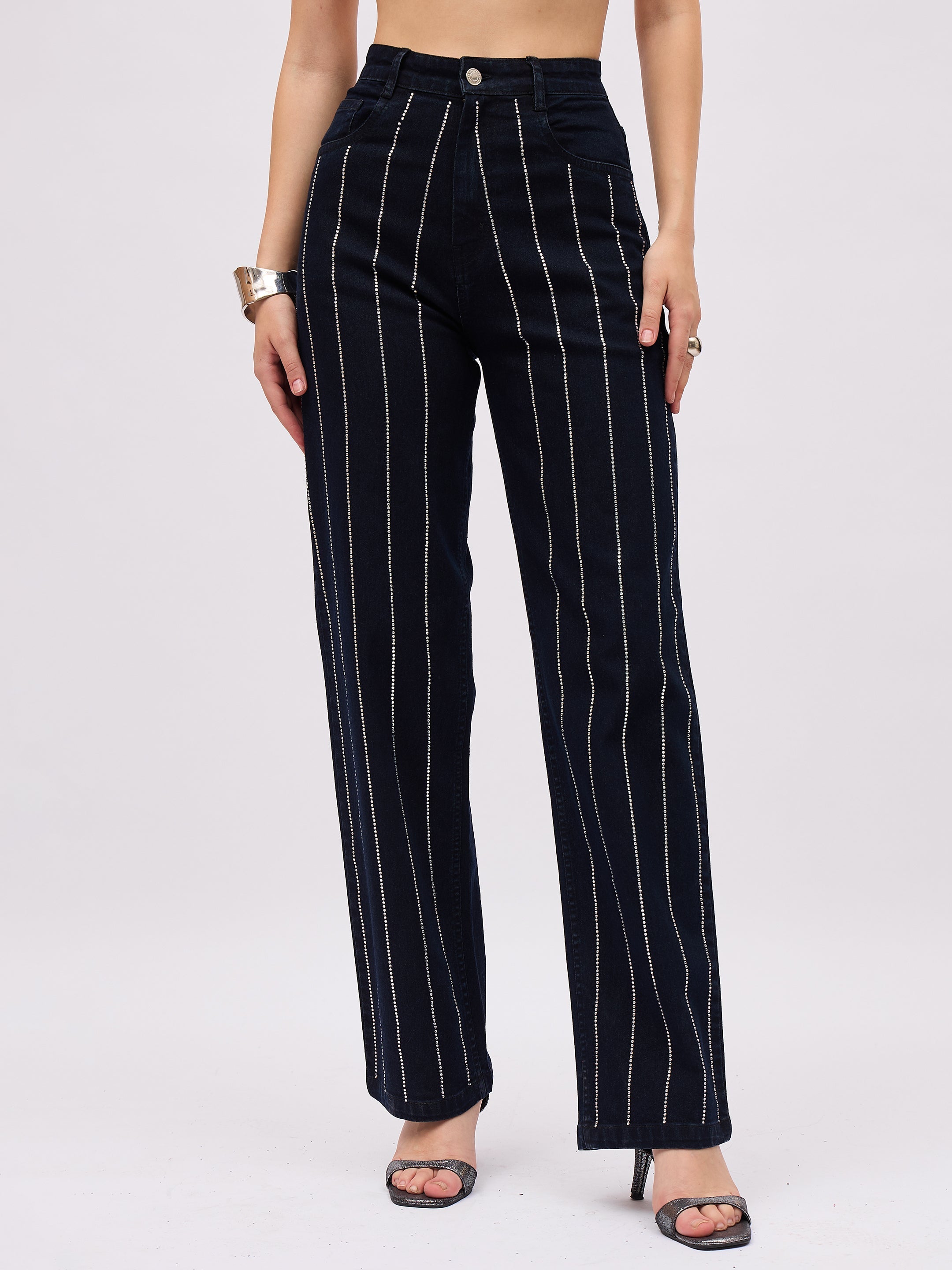Women Jet Black Denim Front Stud Straight Fit Jeans-SFJEAN0856