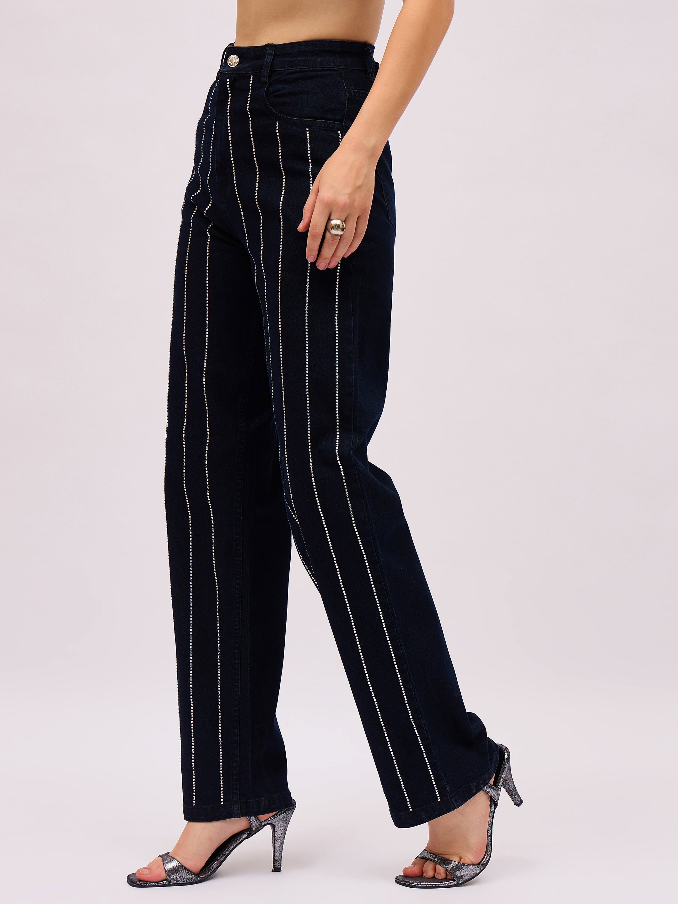 Women Jet Black Denim Front Stud Straight Fit Jeans-SFJEAN0856