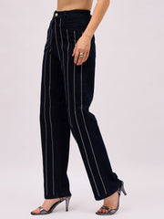 Women Jet Black Denim Front Stud Straight Fit Jeans-SFJEAN0856