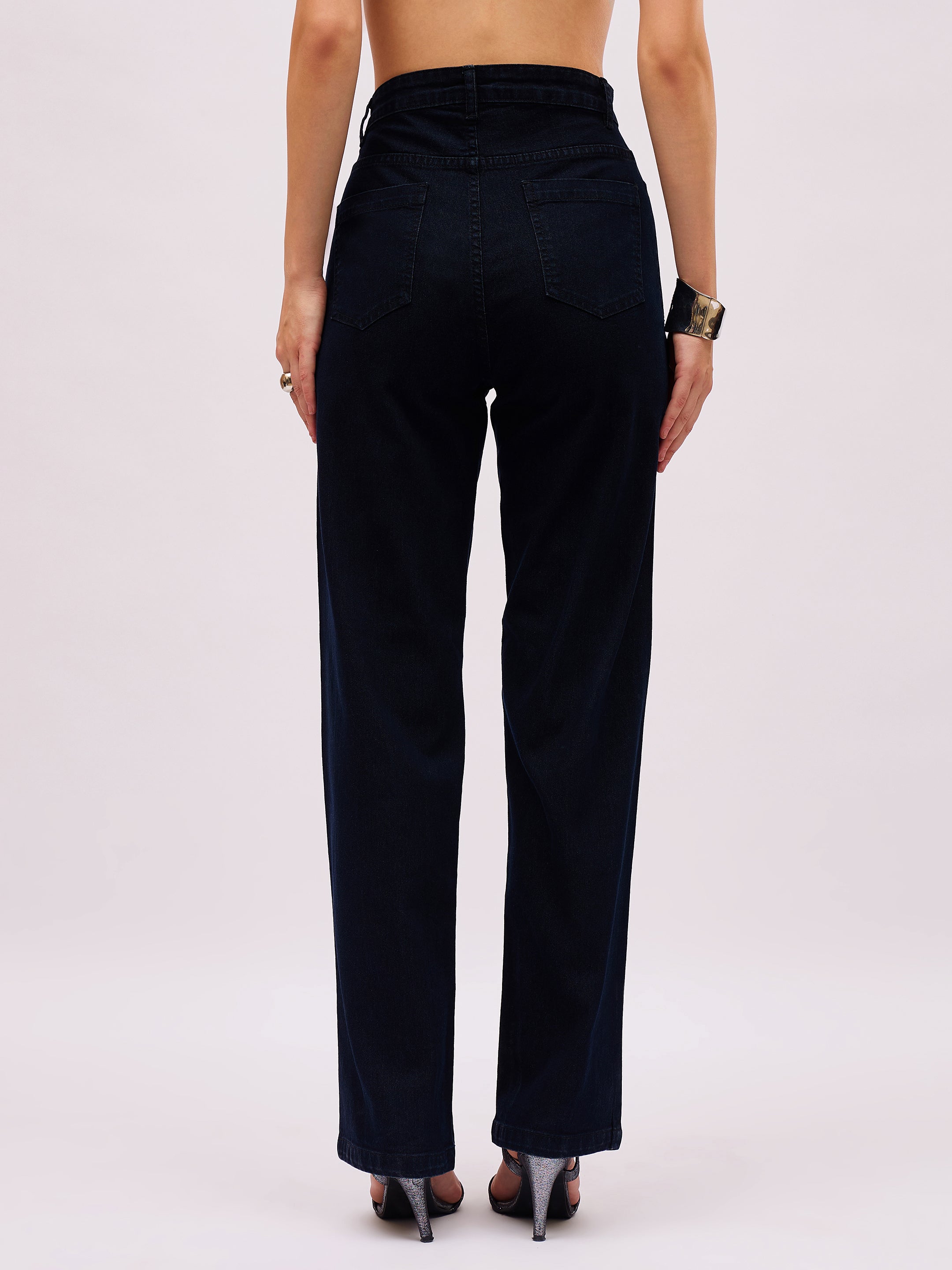Women Jet Black Denim Front Stud Straight Fit Jeans-SFJEAN0856
