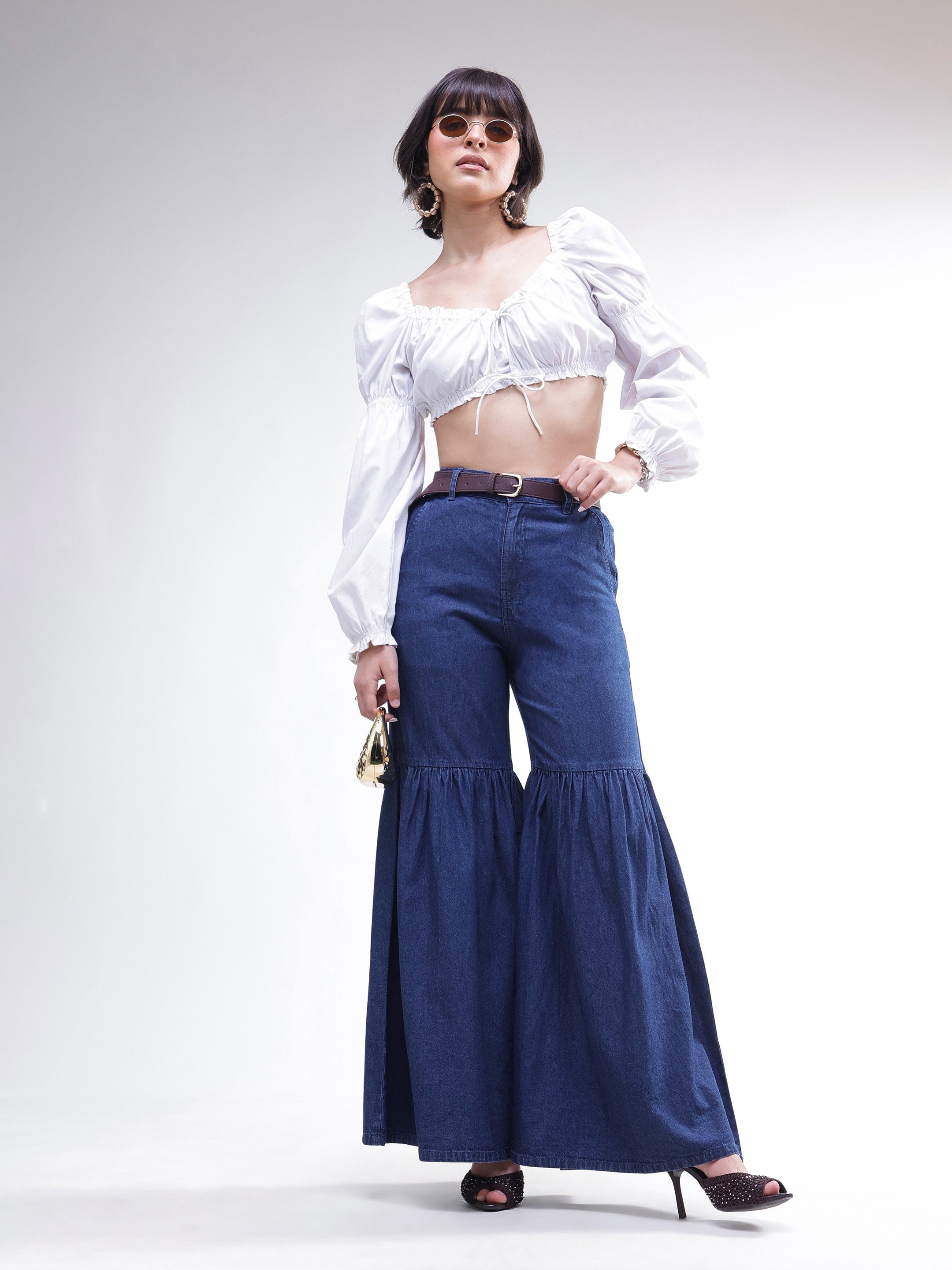 DesiQlo Blue Tencel Gathered High-Rise Jeans - Blue
