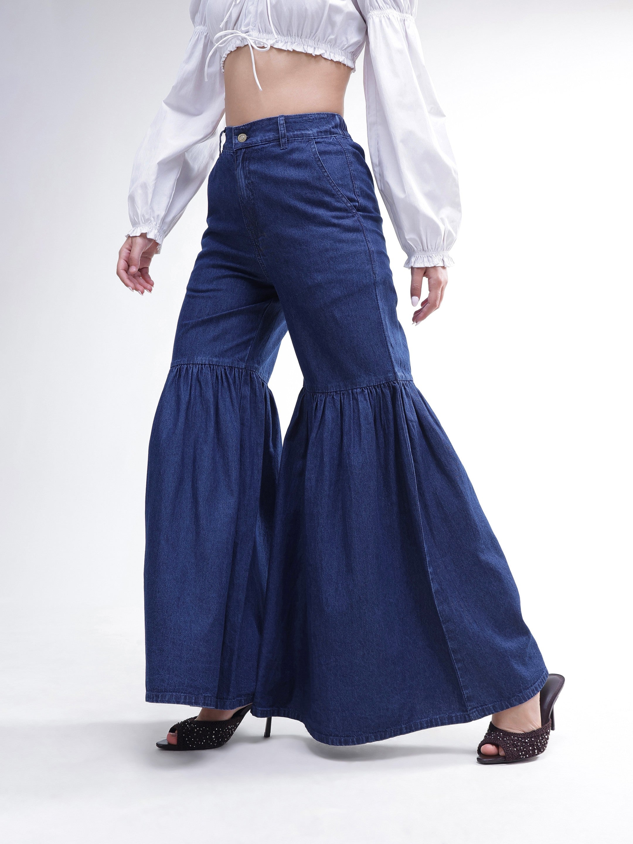DesiQlo Blue Tencel Gathered High-Rise Jeans - Blue