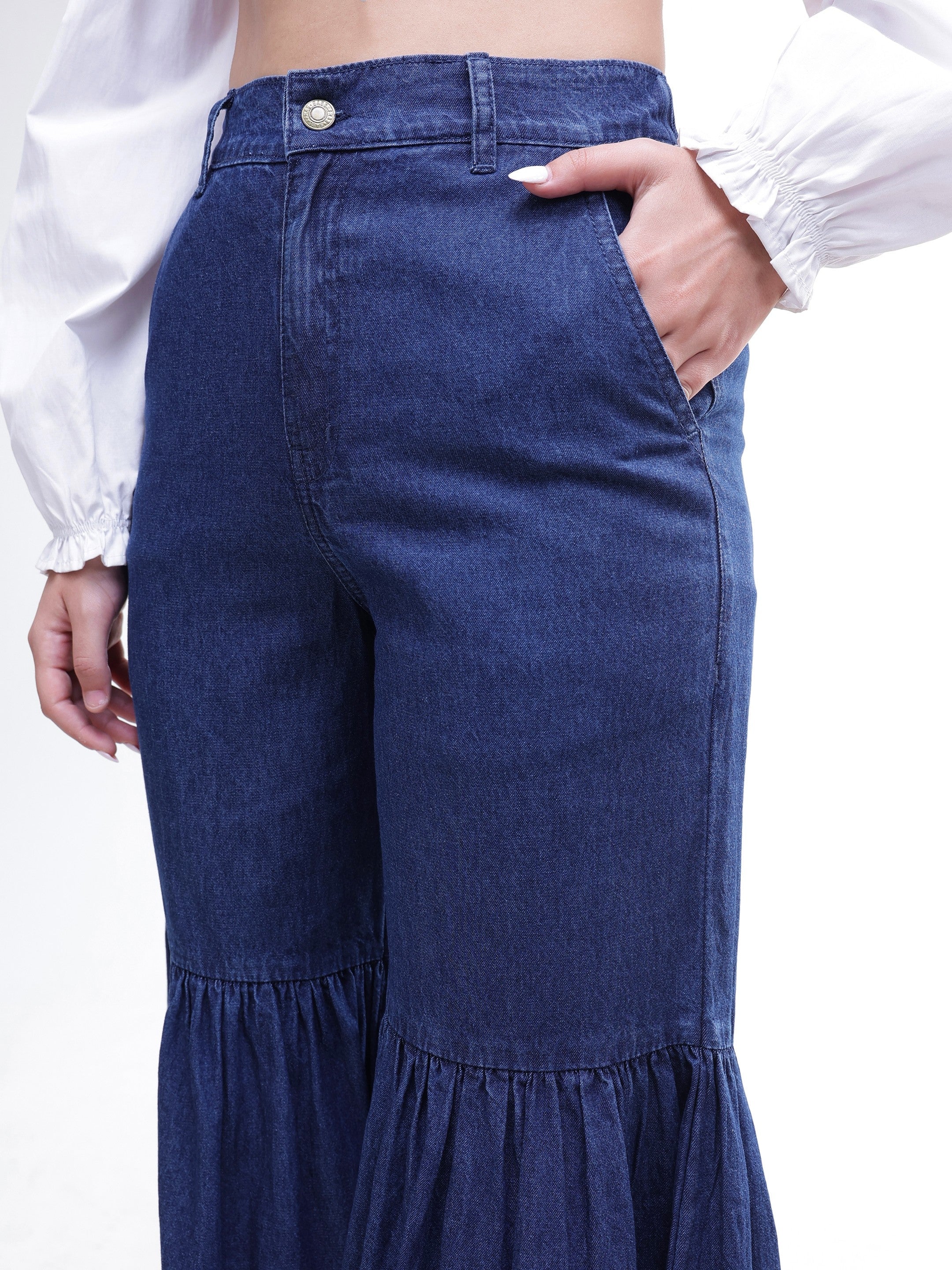 DesiQlo Blue Tencel Gathered High-Rise Jeans - Blue