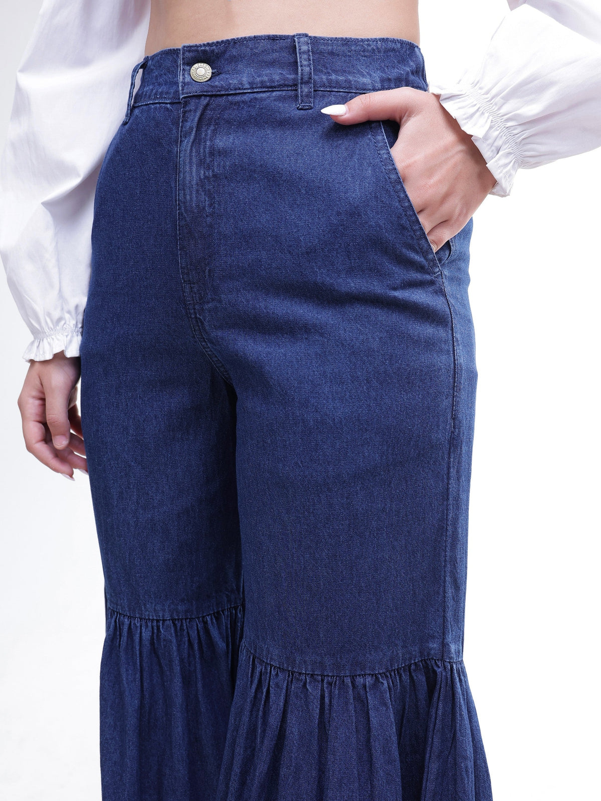 Women Blue Tencel Gathered High-Rise Jeans