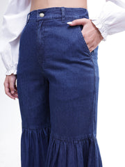 Women Blue Tencel Gathered High-Rise Jeans