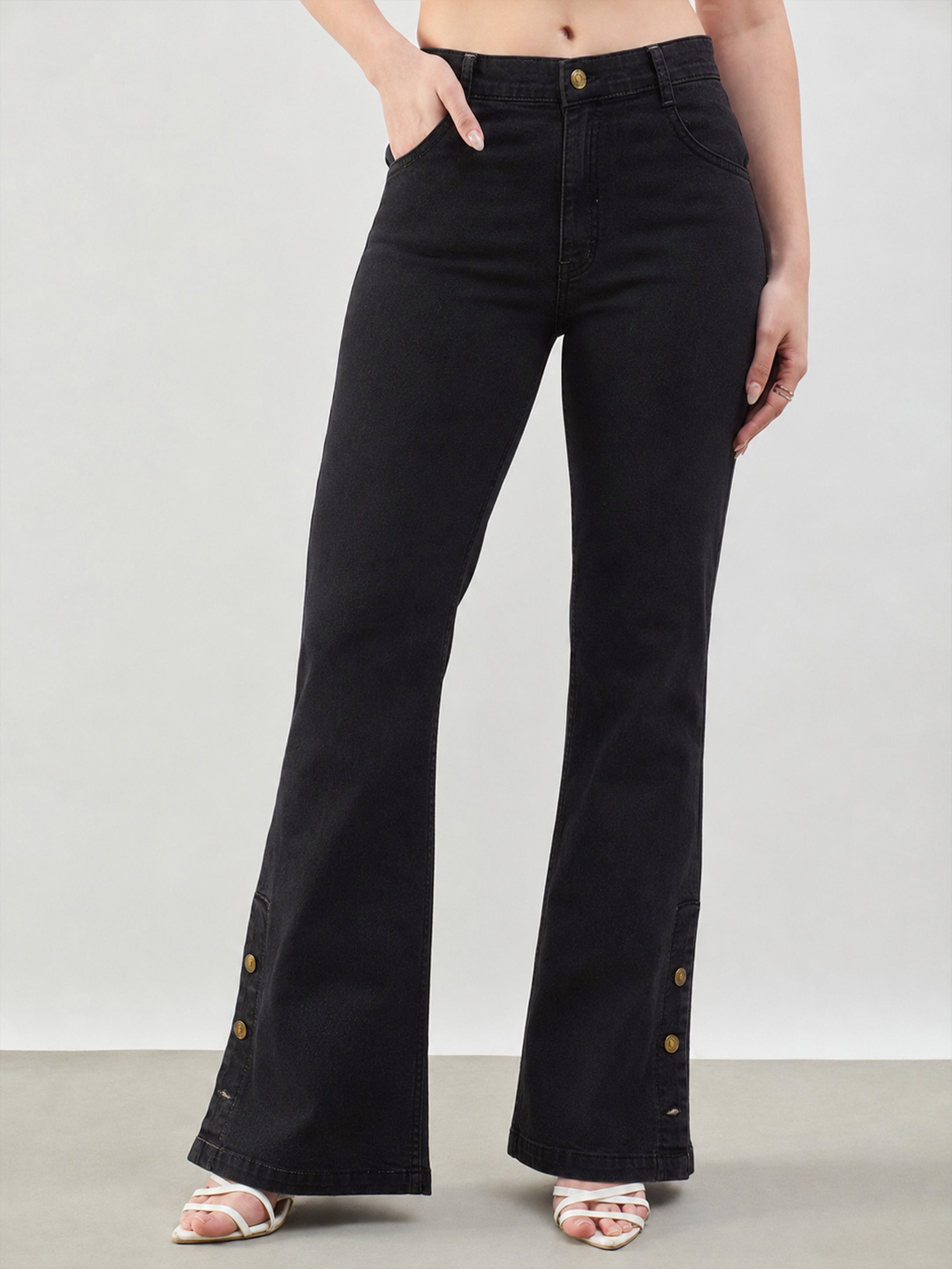 DesiQlo Jet Black Button-at-Hem Boot Cut Jeans - Black